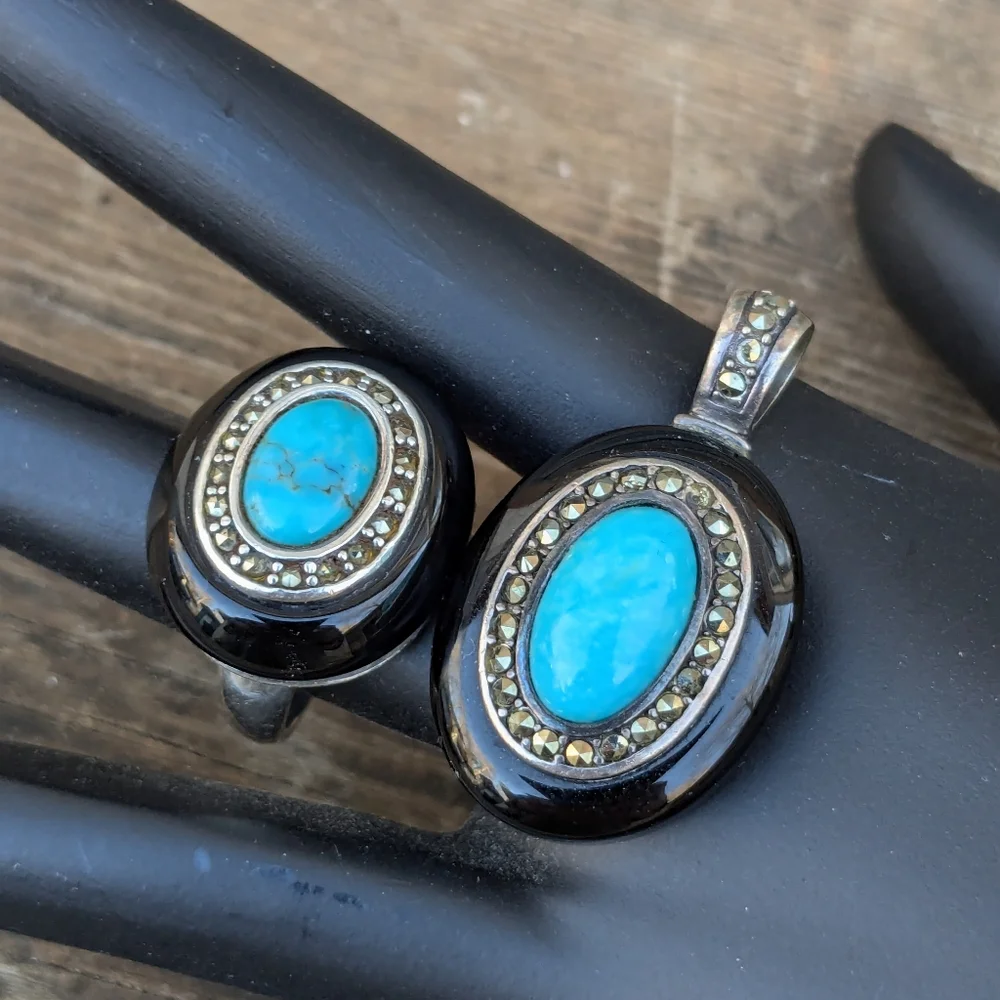 Turquoise and Marcasite Cocktail Ring Pendant Set - Picture 7 of 9